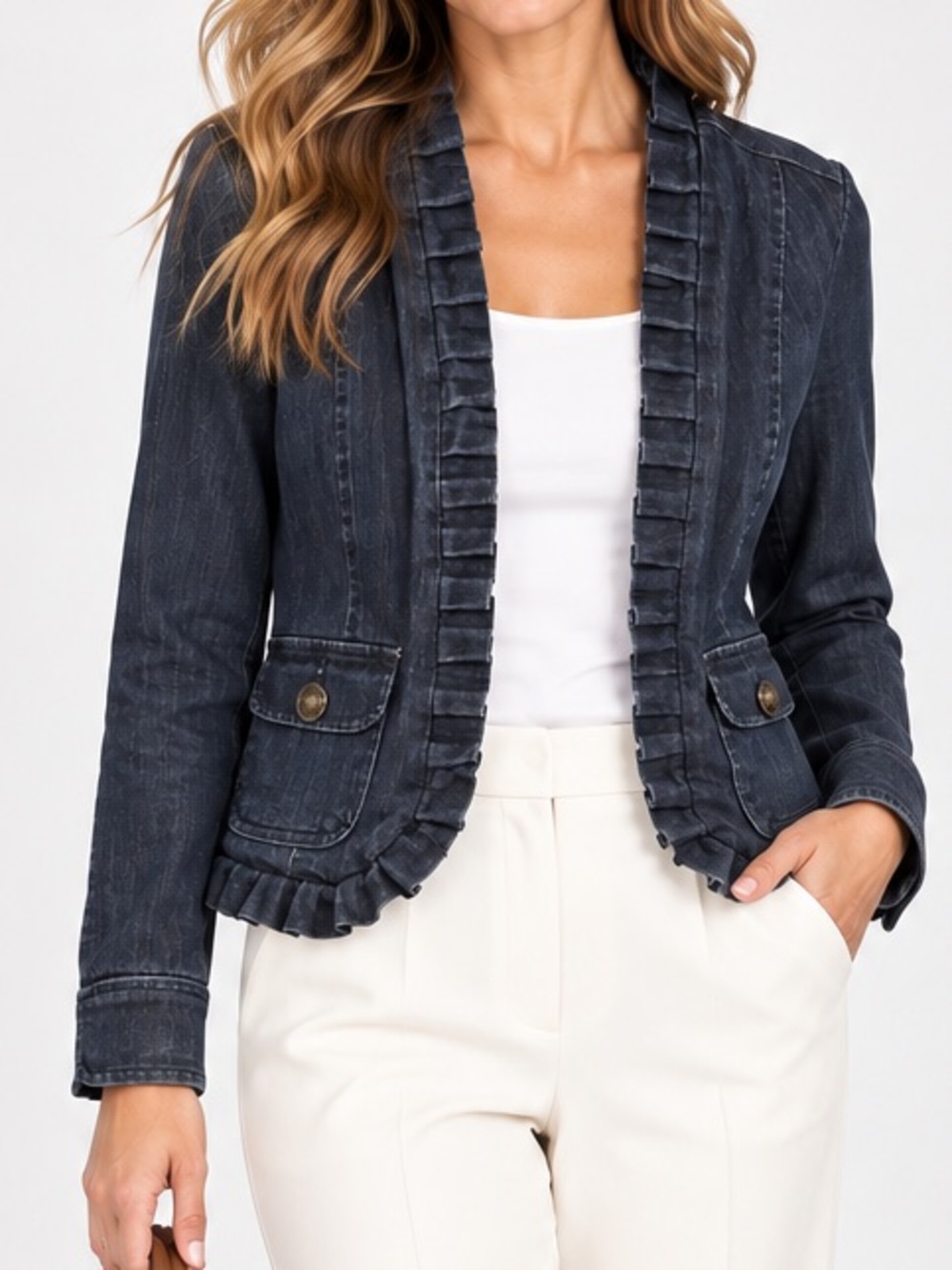 JW New Style Dark Wash Denim Ruffle Blazer Jacket Size M